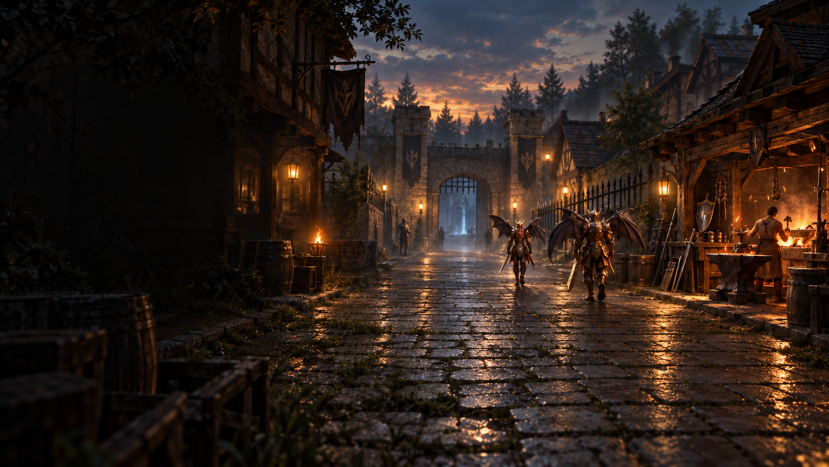 Lorencia reimagined at dusk, with a glowing forge, weathered stone streets and adventurers returning through the town gate